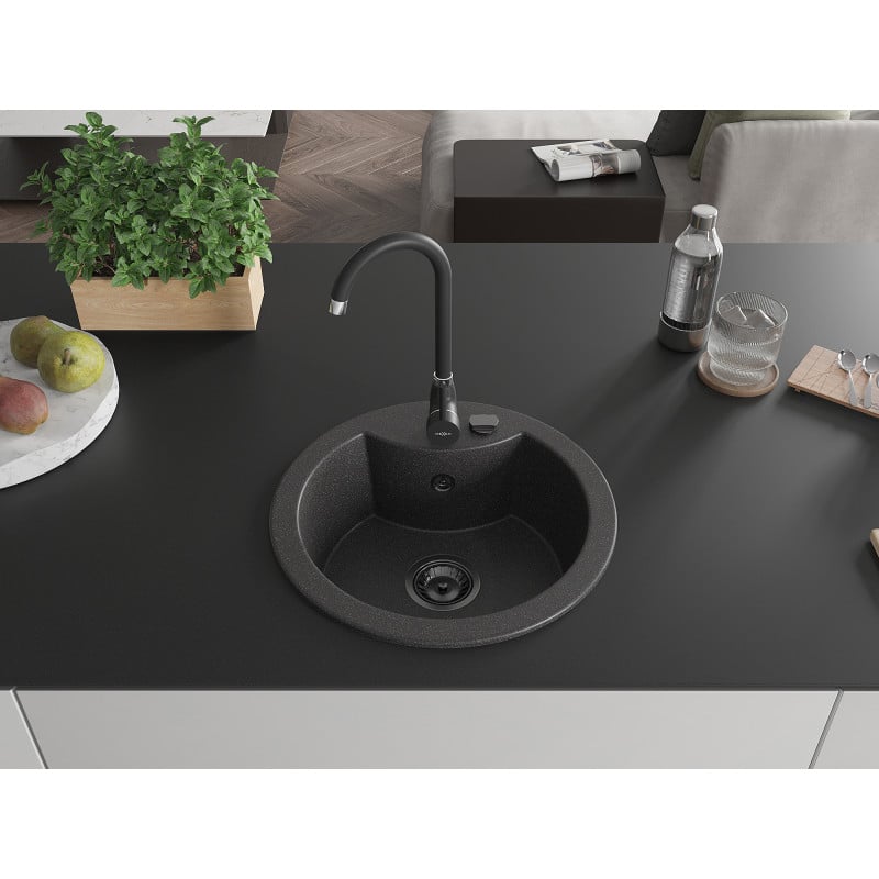 Mexen Diego évier en granit 1-bac 488 x 480 mm, noir moucheté, siphon noir - 6512481000-76-B