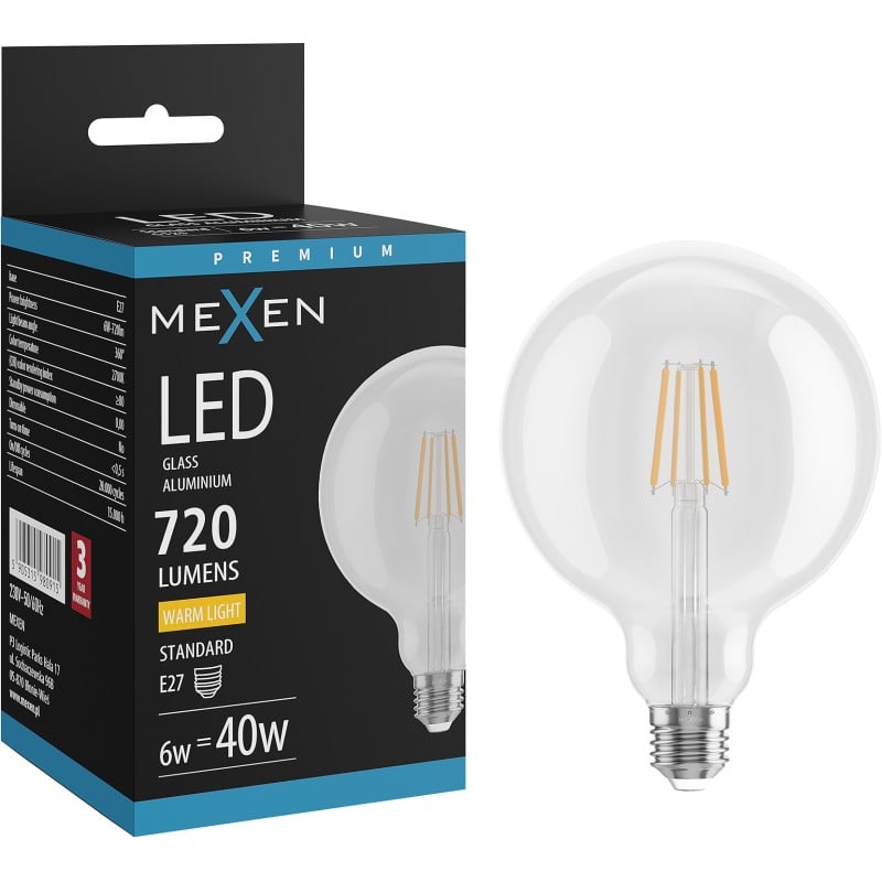 Mexen Vintis Ampoule filament LED E27, G125, 6W, Chaude - 2700K, 720 lm, clair - L158-E27-0627-00