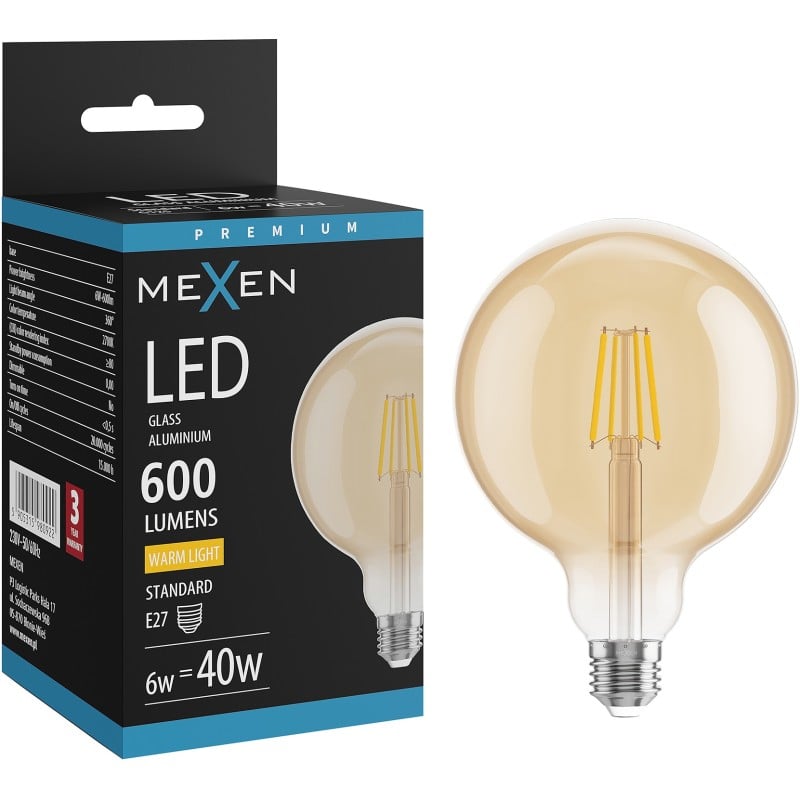Mexen Vintis Ampoule à filament LED E27, G125, 6W, Chaude - 2700K, 600 lm, ambre - L158-E27-0627-50