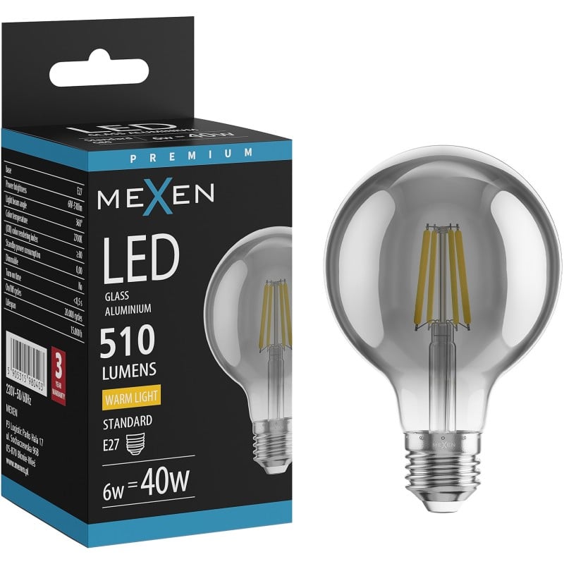 Mexen Vintis Ampoule LED filament E27, G80, 6W, Chaude - 2700K, 510 lm, fumée - L155-E27-0627-70