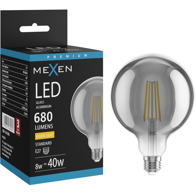 Mexen Vintis Ampoule LED filament E27, G125, 8W, Chaude - 2700K, 680 lm, fumée - L158-E27-0827-70
