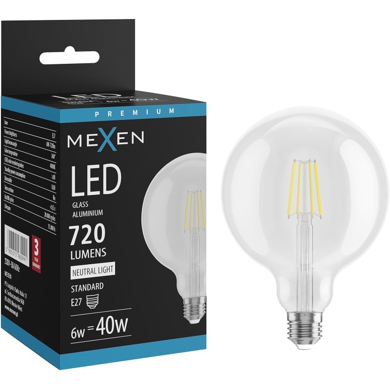 Mexen Vintis Ampoule filament LED E27, G125, 6W, Neutre - 4000K, 720 lm, clair - L158-E27-0640-00