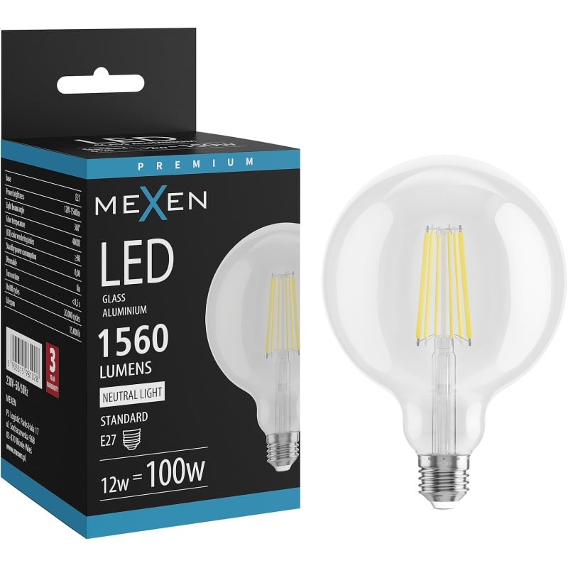 Mexen Vintis Ampoule filament LED E27, G125, 12W, Neutre - 4000K, 1560 lm, transparent - L158-E27-1240-00