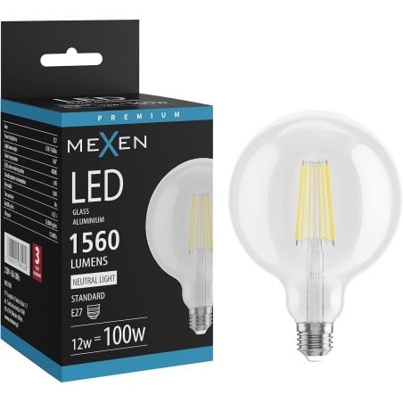 Mexen Vintis Ampoule filament LED E27, G125, 12W, Neutre - 4000K, 1560 lm, transparent - L158-E27-1240-00