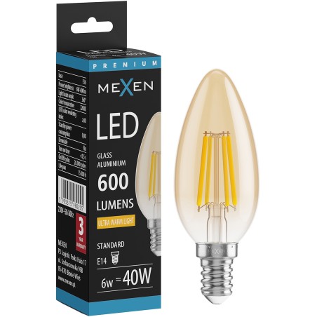 Mexen Vintis Ampoule filament LED E14, C35, 6W, Chaud - 2200K, 600 lm, ambre - L154-E14-0622-50