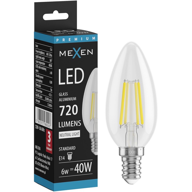 Mexen Vintis Ampoule filament LED E14, C35, 6W, Neutre - 4000K, 720 lm, claire - L154-E14-0640-00