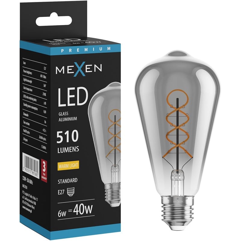 Mexen Vintis Ampoule filament spirale LED E27, ST64, 6W, Chaude - 2700K, 510 lm, fumée - L162-E27-0627-70