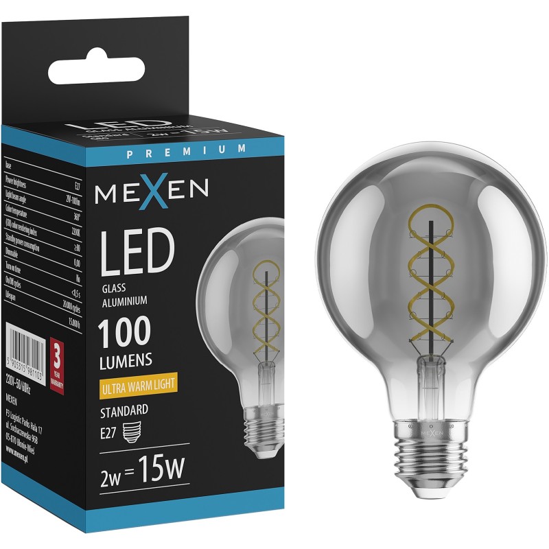 Mexen Vintis Ampoule filament spirale LED E27, G80, 2W, Chaude - 2200K, 100 lm, fumée - L165-E27-0222-70