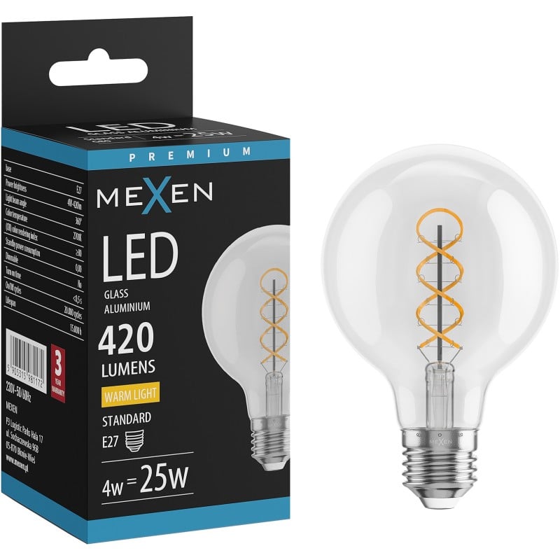 Mexen Vintis Ampoule filament spirale LED E27, G80, 4W, Chaude - 2700K, 420 lm, claire - L165-E27-0427-00