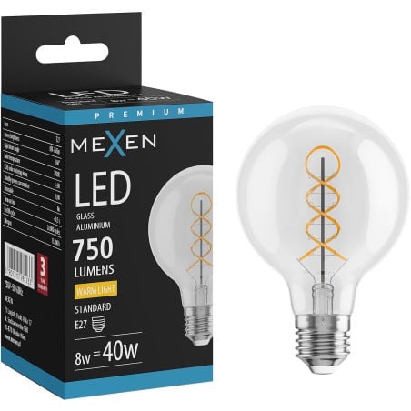 Mexen Vintis Ampoule filament spirale LED E27, G80, 8W, Chaude - 2700K, 750 lm, claire - L165-E27-0827-00