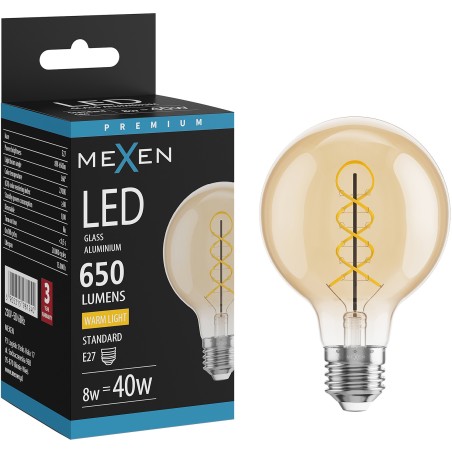 Mexen Vintis Ampoule filament spirale LED E27, G80, 8W, Chaude - 2700K, 650 lm, ambre - L165-E27-0827-50