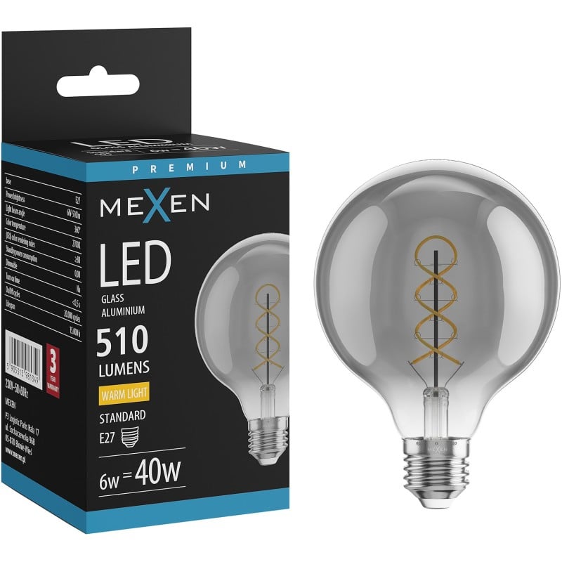 Mexen Vintis Ampoule filament spirale LED E27, G95, 6W, Chaude - 2700K, 510 lm, fumée - L167-E27-0627-70