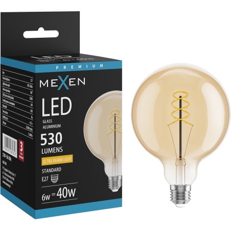 Mexen Vintis Ampoule filament spirale LED E27, G125, 6W, Chaude - 2200K, 530 lm, ambre - L168-E27-0622-50