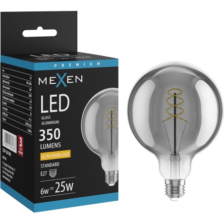 Mexen Vintis Ampoule filament spirale LED E27, G125, 6W, Chaude - 2200K, 350 lm, fumée - L168-E27-0622-70