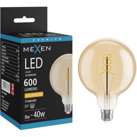 Mexen Vintis Ampoule filament spirale LED E27, G125, 8W, Chaude - 2200K, 600 lm, ambre - L168-E27-0822-50