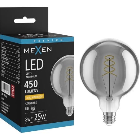 Mexen Vintis Ampoule à filament spiralé LED E27, G125, 8W, Chaud - 2200K, 450 lm, fumée - L168-E27-0822-70