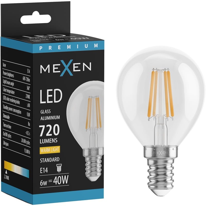 Mexen Vintis Ampoule LED filament E14, G45, 6W, Chaude - 2700K, 720 lm, claire - L156-E14-0627-00