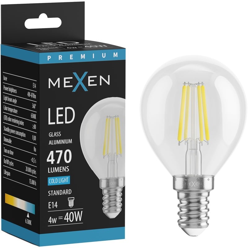 Mexen Vintis Ampoule filament LED E14, G45, 4W, Froid - 6500K, 470 lm, claire - L156-E14-0465-00