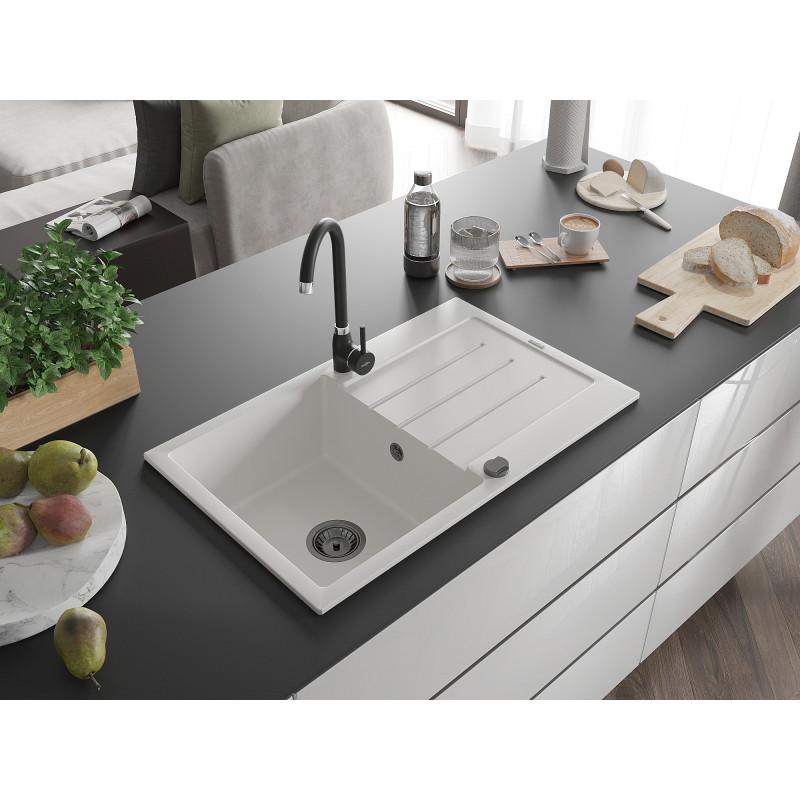 Mexen Bruno évier en granit à 1 bac avec égouttoir 795 x 495 mm, blanc, siphon noir - 6513791010-20-B