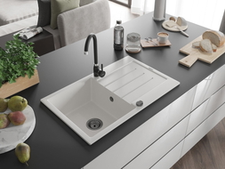 Mexen Bruno évier en granit à 1 bac avec égouttoir 795 x 495 mm, blanc, siphon noir - 6513791010-20-B