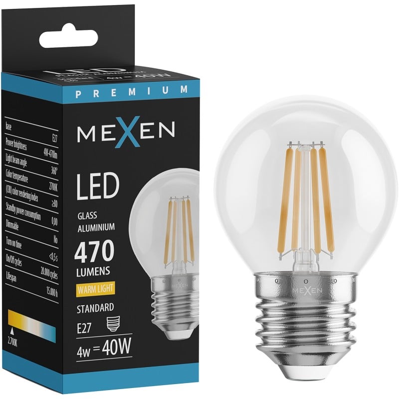 Mexen Vintis Ampoule à filament LED E27, G45, 4W, Chaude - 2700K, 470 lm, claire - L156-E27-0427-00