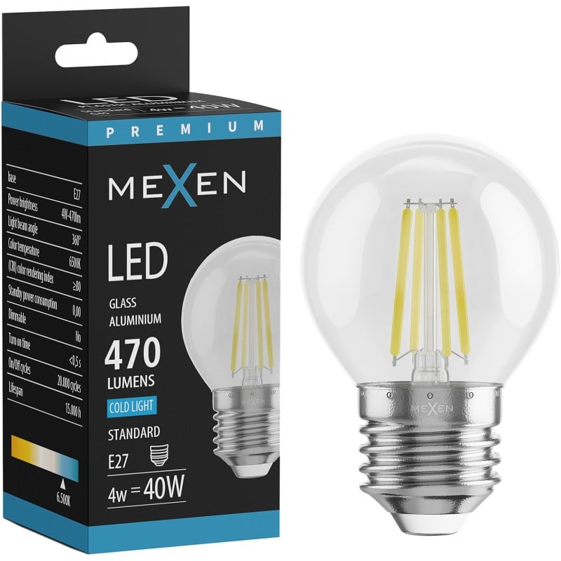 Mexen Vintis Ampoule à filament LED E27, G45, 4W, Froid - 6500K, 470 lm, claire - L156-E27-0465-00