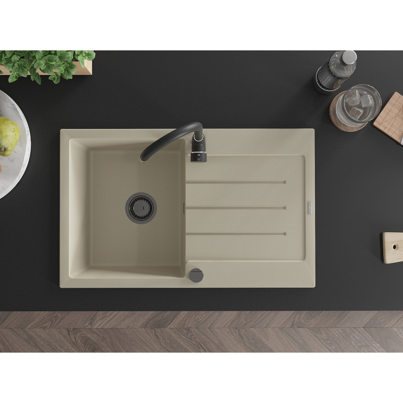 Mexen Bruno évier en granit à 1 bac avec égouttoir 795 x 495 mm, beige, siphon noir - 6513791010-69-B