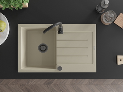 Mexen Bruno évier en granit à 1 cuve avec égouttoir 795 x 495 mm, Beige, siphon Noir - 6513791010-69-B