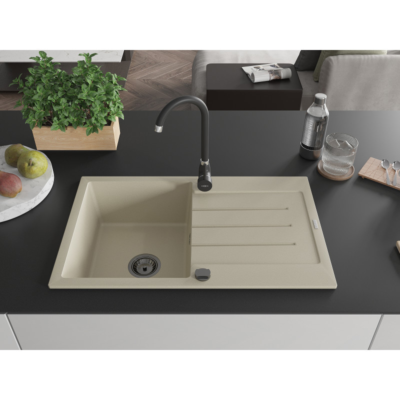 Mexen Bruno évier en granit à 1 bac avec égouttoir 795 x 495 mm, beige, siphon noir - 6513791010-69-B