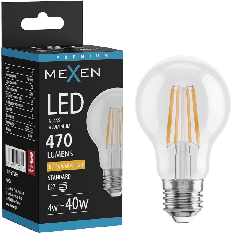 Mexen Vintis Ampoule à filament LED E27, A60, 4W, Chaude - 2200K, 470 lm, claire - L150-E27-0422-00