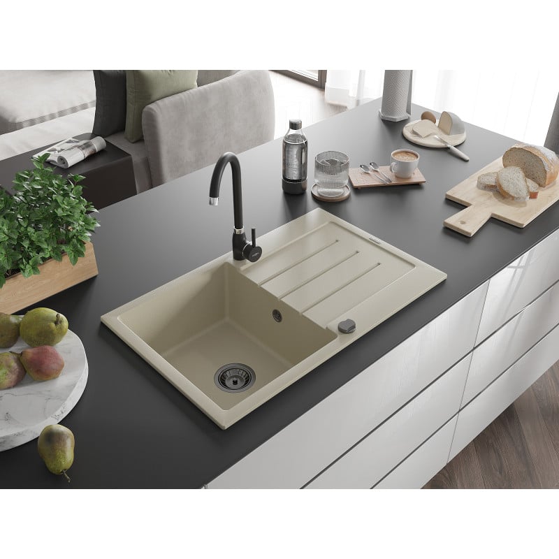 Mexen Bruno évier en granit 1 bac avec égouttoir 795 x 495 mm, beige, siphon noir - 6513791010-69-B