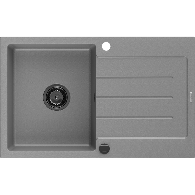 Mexen Bruno évier en granit à 1 cuve avec égouttoir 795 x 495 mm, Gris, siphon Noir - 6513791010-71-B