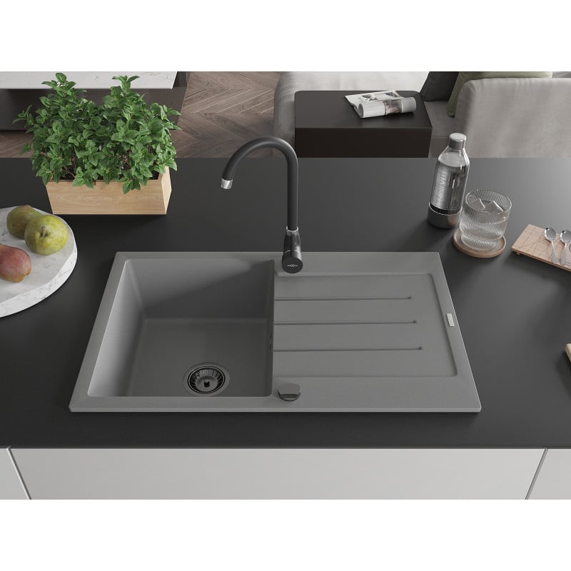 Mexen Bruno évier en granit 1 bac avec égouttoir 795 x 495 mm, gris, siphon noir - 6513791010-71-B