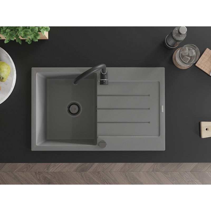 Mexen Bruno évier en granit 1 bac avec égouttoir 795 x 495 mm, gris, siphon noir - 6513791010-71-B