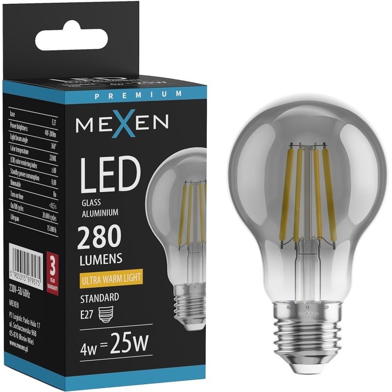 Mexen Vintis Ampoule filament LED E27, A60, 4W, Chaude - 2200K, 280 lm, fumée - L150-E27-0422-70