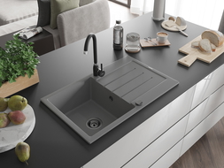 Mexen Bruno évier en granit à 1 cuve avec égouttoir 795 x 495 mm, Gris, siphon Noir - 6513791010-71-B