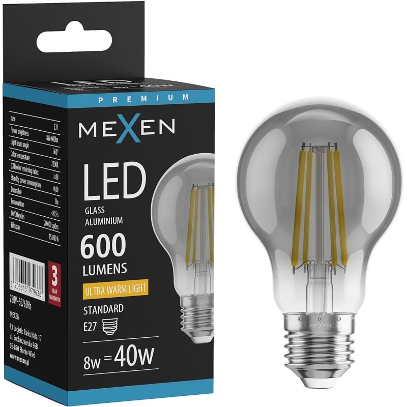 Mexen Vintis Ampoule filament LED E27, A60, 8W, Chaude - 2200K, 600 lm, fumée - L150-E27-0822-70