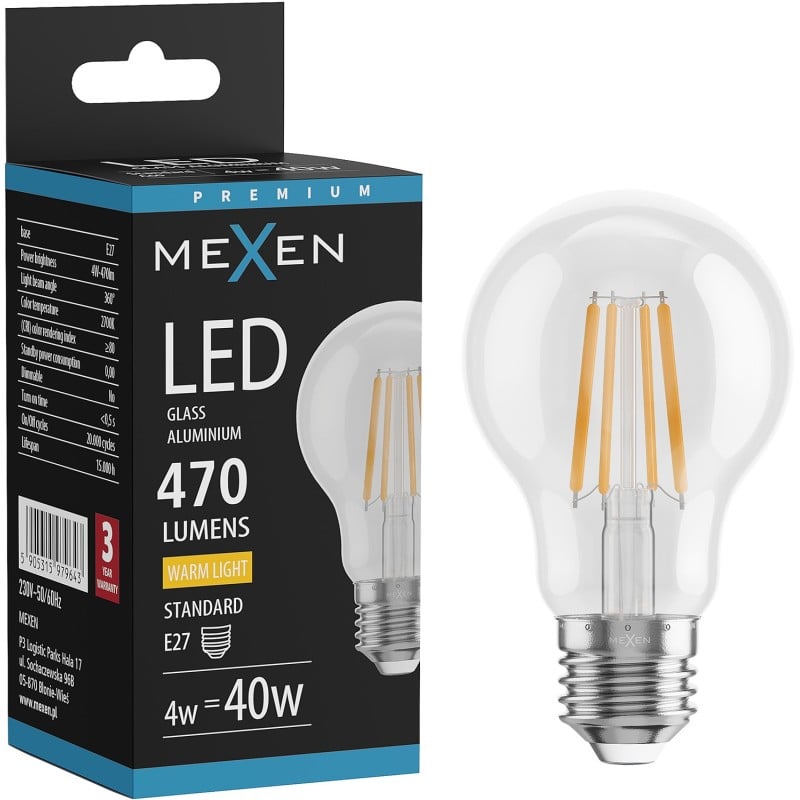Mexen Vintis Ampoule à filament LED E27, A60, 4W, Chaude - 2700K, 470 lm, claire - L150-E27-0427-00