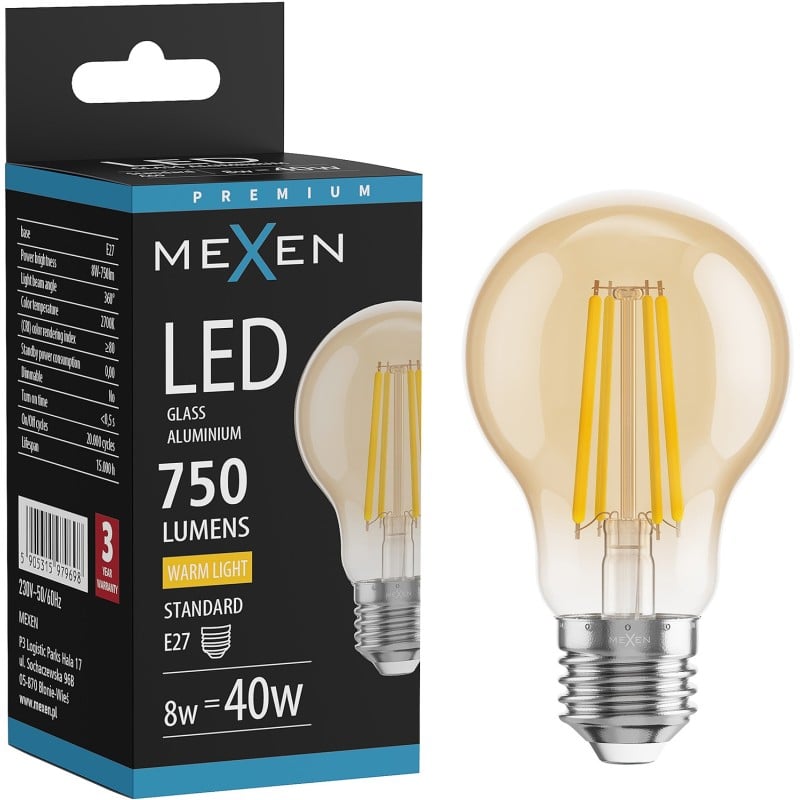 Mexen Vintis Ampoule filament LED E27, A60, 8W, Chaude - 2700K, 750 lm, ambre - L150-E27-0822-50 - L150-E27-0827-50