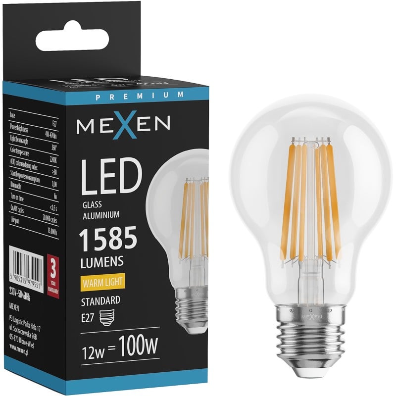 Mexen Vintis Ampoule à filament LED E27, A60, 12W, Chaude - 2700K, 1585 lm, claire - L150-E27-1227-00