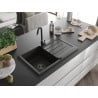 Mexen Bruno évier en granit à 1 bac avec égouttoir 795 x 495 mm, noir/doré métallisé, siphon noir - 6513791010-75-B