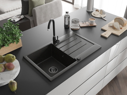 Mexen Bruno évier en granit à 1 bac avec égouttoir 795 x 495 mm, noir/doré métallisé, siphon noir - 6513791010-75-B