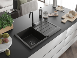 Mexen Bruno évier en granit à 1 cuve avec égouttoir 795 x 495 mm, Noir/Or métallique, siphon Noir - 6513791010-75-B