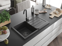 Mexen Bruno évier en granit à 1 cuve avec égouttoir 795 x 495 mm, Noir moucheté, siphon Noir - 6513791010-76-B