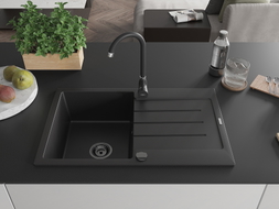 Mexen Bruno évier en granit à 1 bac avec égouttoir 795 x 495 mm, noir, siphon noir - 6513791010-77-B