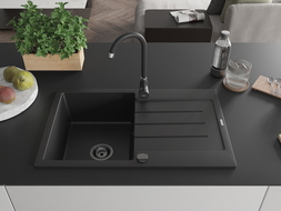 Mexen Bruno évier en granit à 1 cuve avec égouttoir 795 x 495 mm, Noir, siphon Noir - 6513791010-77-B