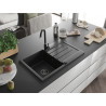Mexen Bruno évier en granit à 1 bac avec égouttoir 795 x 495 mm, noir, siphon noir - 6513791010-77-B