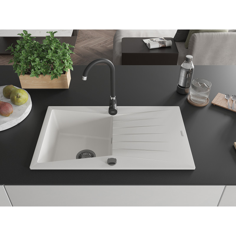 Mexen Cesar évier en granit 1 bac avec égouttoir 775 x 470 mm, blanc, siphon noir - 6514771010-20-B