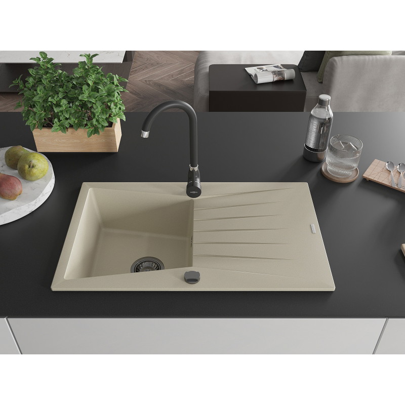 Mexen Cesar évier de cuisine en granit 1 bac avec égouttoir 775 x 470 mm, beige, siphon noir - 6514771010-69-B