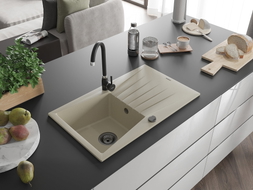 Mexen Cesar évier de cuisine en granit 1 bac avec égouttoir 775 x 470 mm, beige, siphon noir - 6514771010-69-B